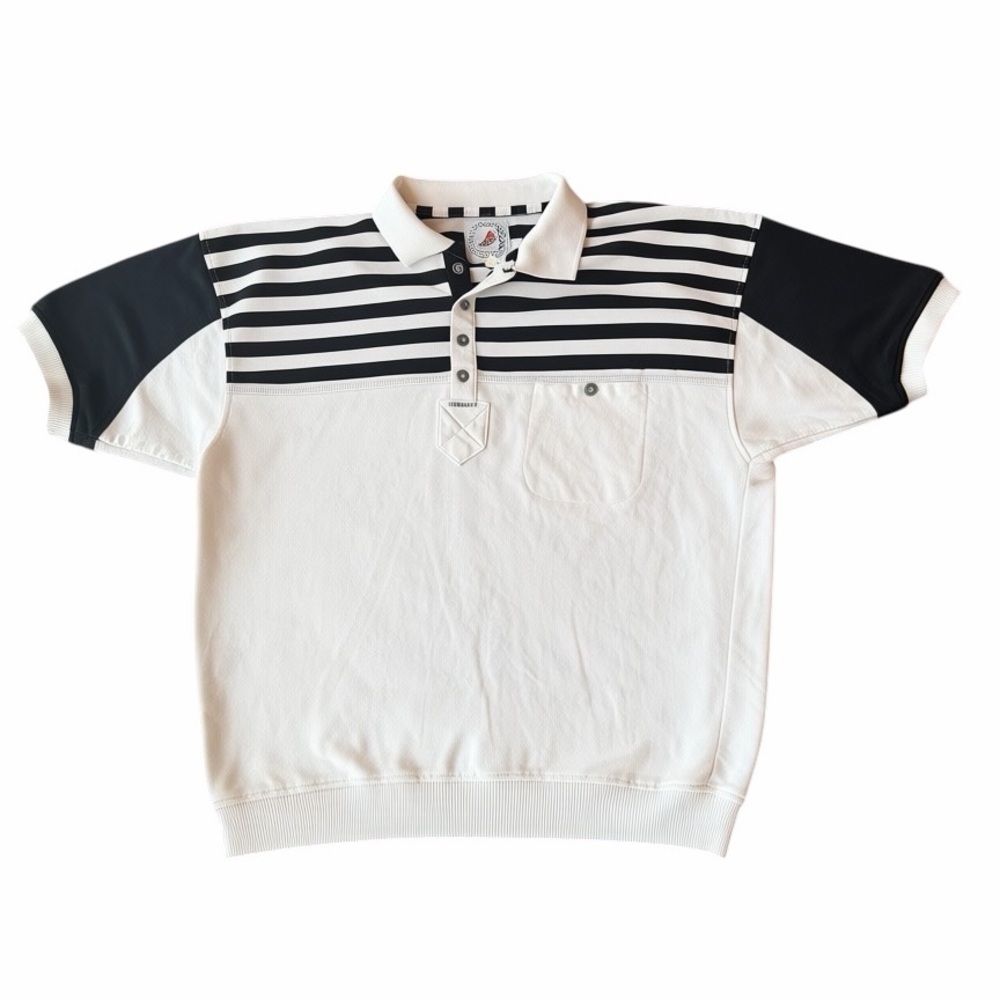 1990s Greenline International Poly Cotton Block Style Polo Collar 1/4 Button Dow